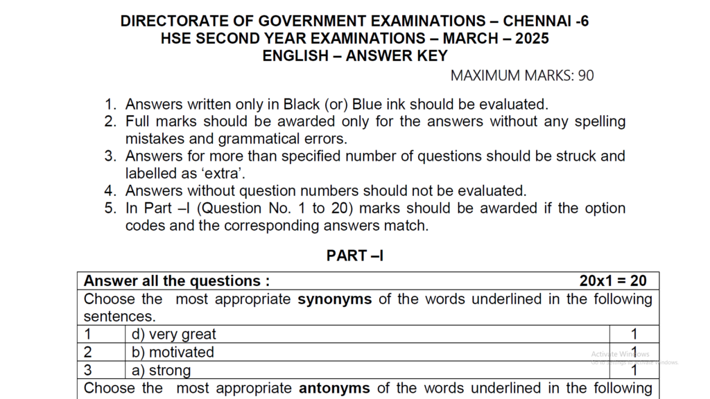 12th English Public Exam Official Answer Key 2025 Kalvi Nesan