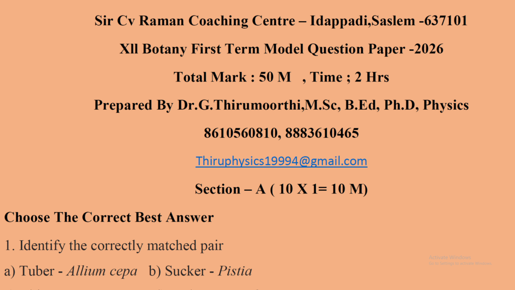 12th Botany First Term Model Question Paper English Medium 2026 : Kalvi ...