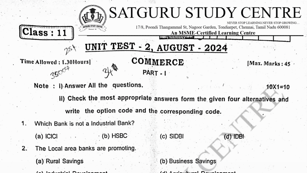 11th Commerce Unit Test - 2 Question Paper 2024 - 25 Chennai Dt : Kalvi ...