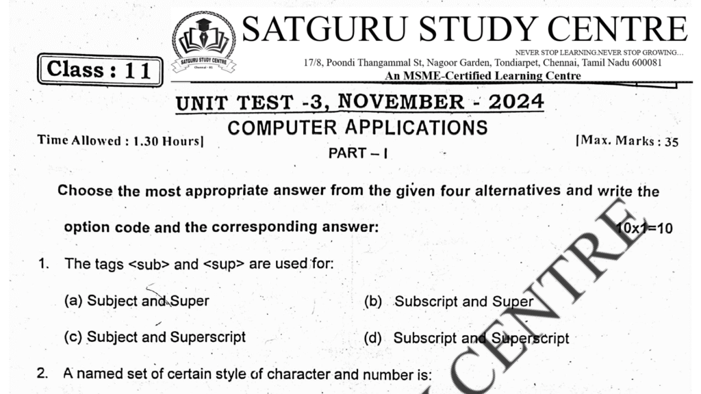 11th Compute Applications Unit Test - 3 Question Paper 2024 - 25 ...