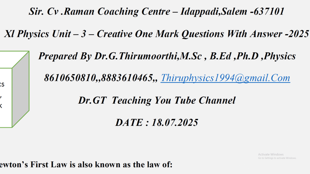 11th Physics Unit - 3 Creative One Mark Question & Answer EM 2025 - 26 ...