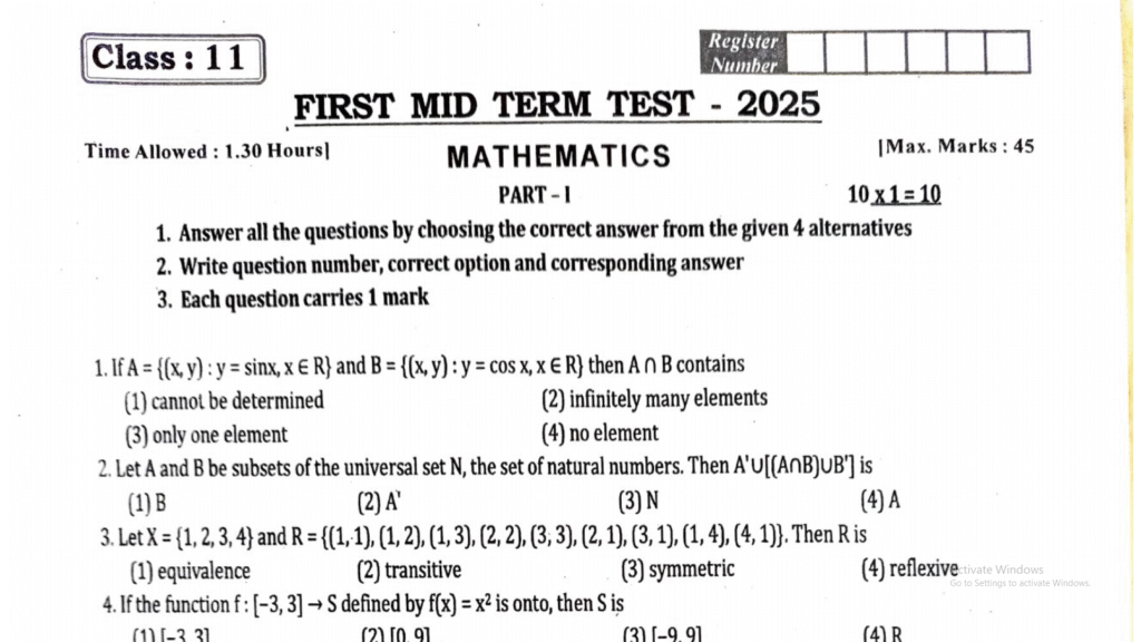11th Maths First Mid Term Test Question Paper Em 2025 Chennai Dt
